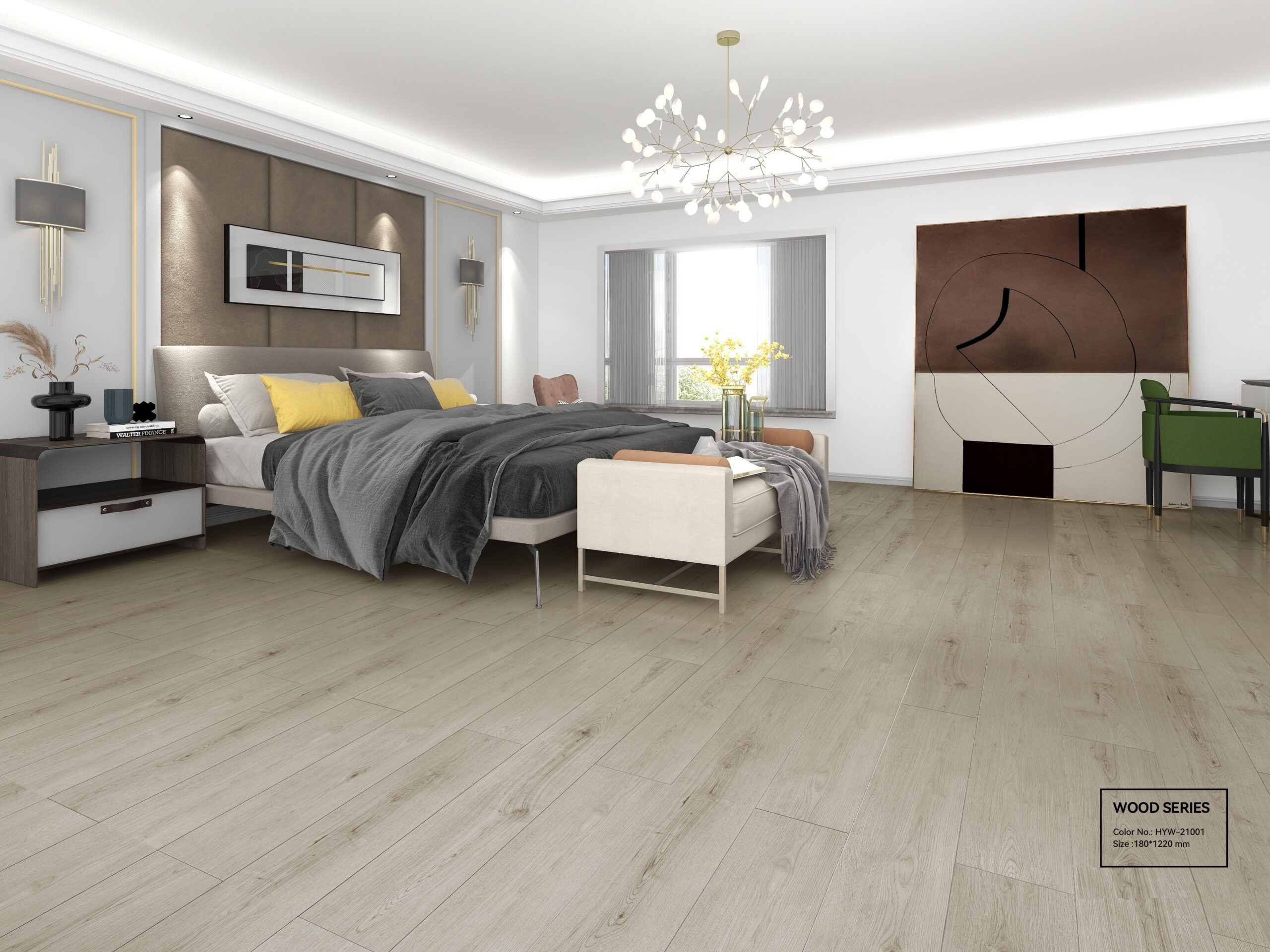 a large bedroom with wooden SPC flooring in neutral tone
