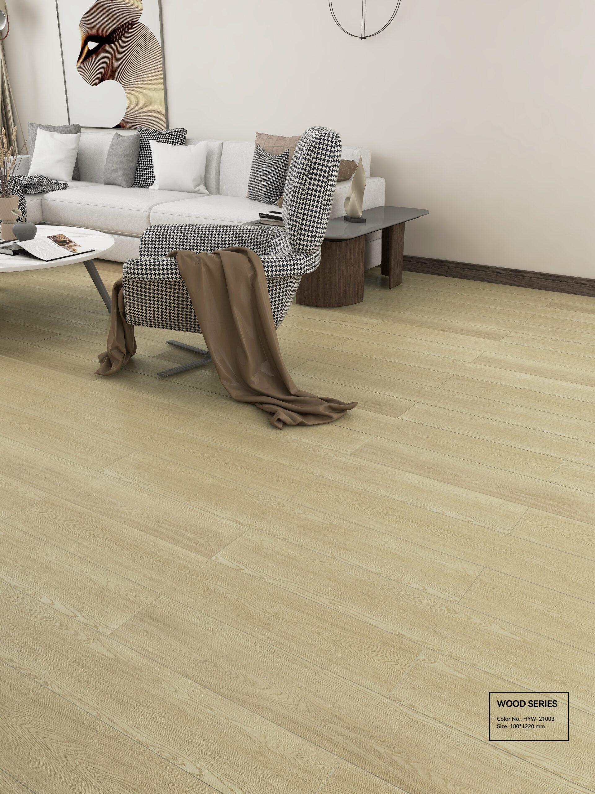 a corner of a large living room fully furnished with wooden SPC flooring