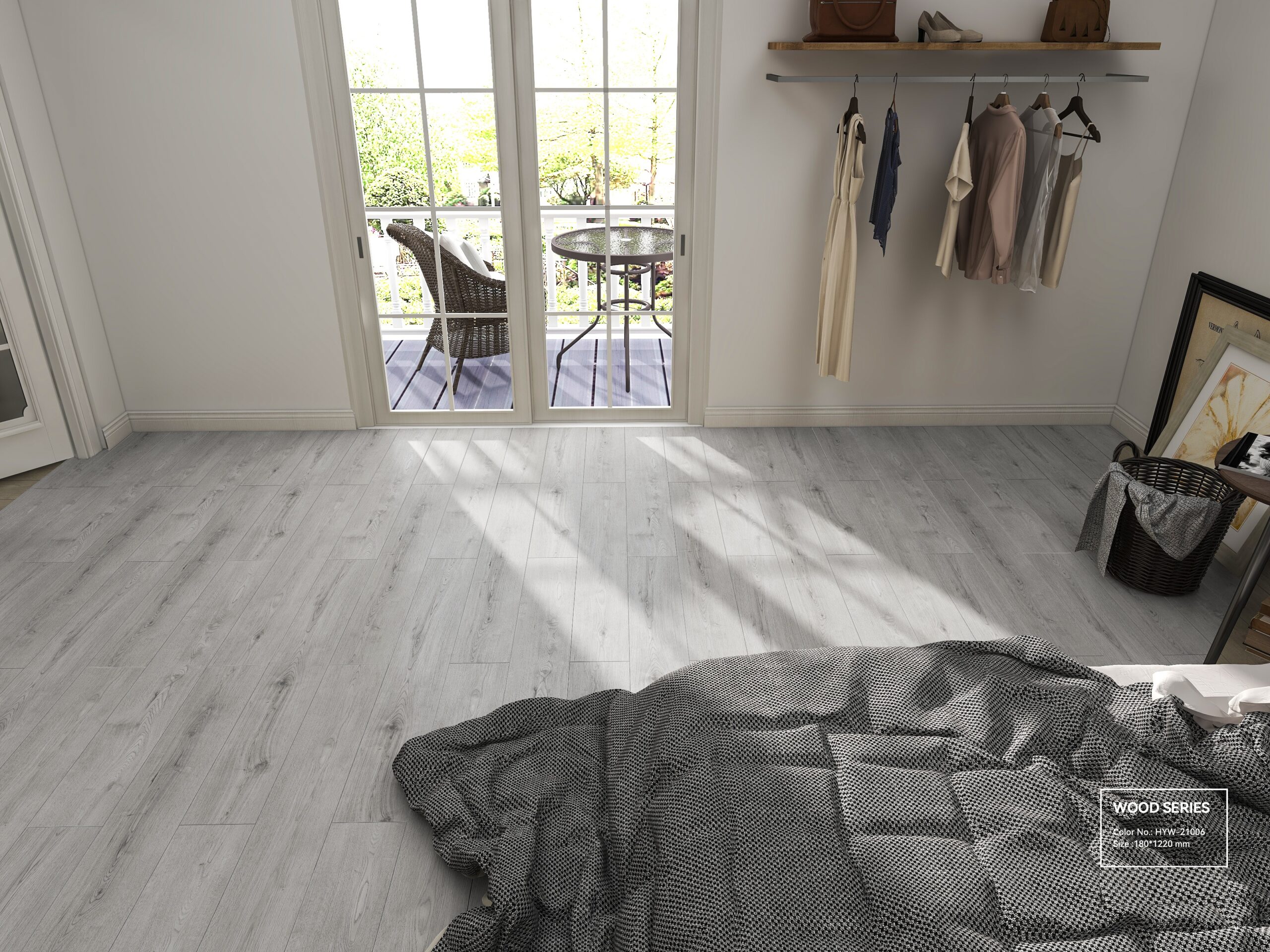 a view from a bedroom with gray tone wooden SPC flooring 